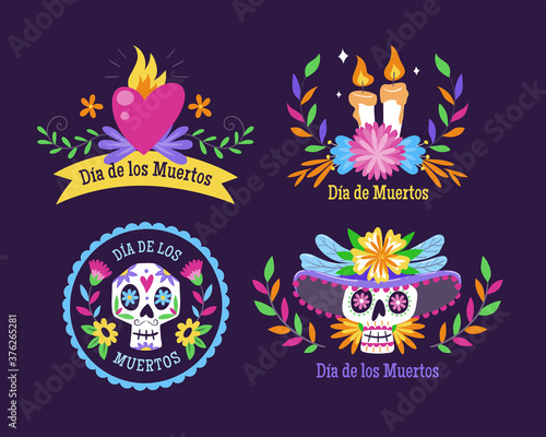 Day of the Dead (Día de los Muertos) badges. Cartoon Mexican badges with text in Spanish. Cute vector Illustration.