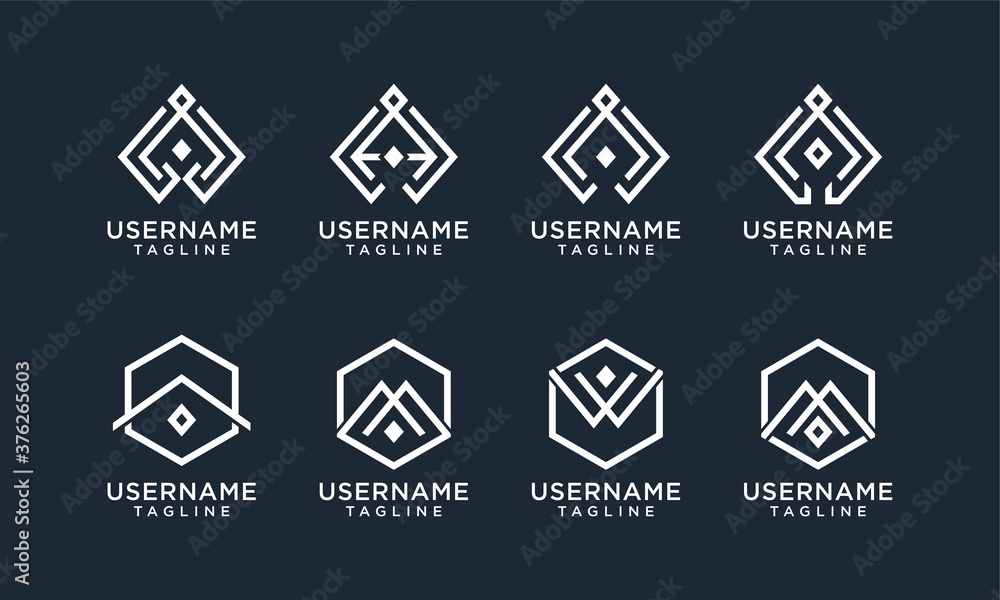 set of Creative monogram Initial A, M, W and mountain logo design template set of Creative monogram Initial A, M, W and mountain logo design template