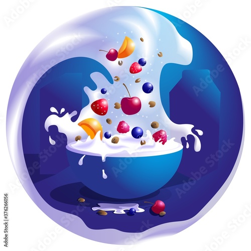 Bright and juicy pieces of fruit, berries and muesli in a bowl with milk. Healthy and delicious food. Vector illustration.