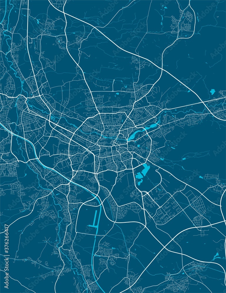 Detailed map of Nuremberg city, linear print map. Cityscape panorama.