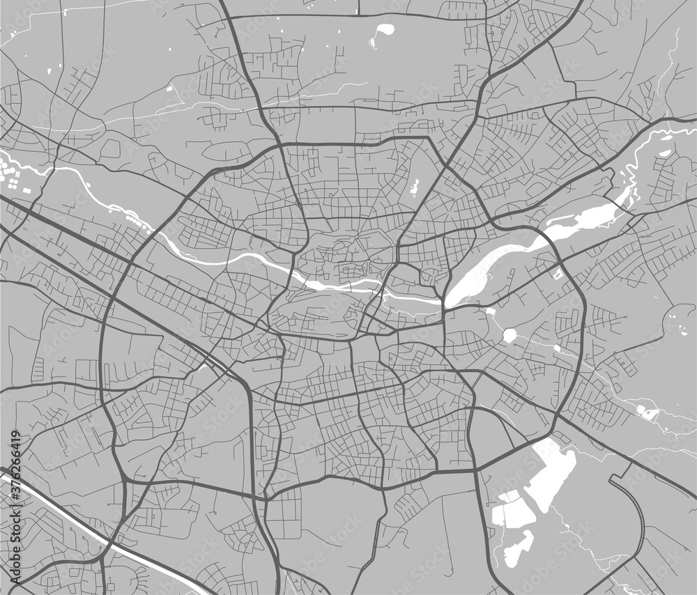 Urban city map of Nuremberg. Vector poster. Grayscale street map.