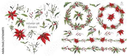 Set of winter flowers, branches. hand drawn Botanical Doodle in realistic style. seamless brush garland with seasonal elements for your ideas, paper greeting cards, posters, advertising. © dezignstock