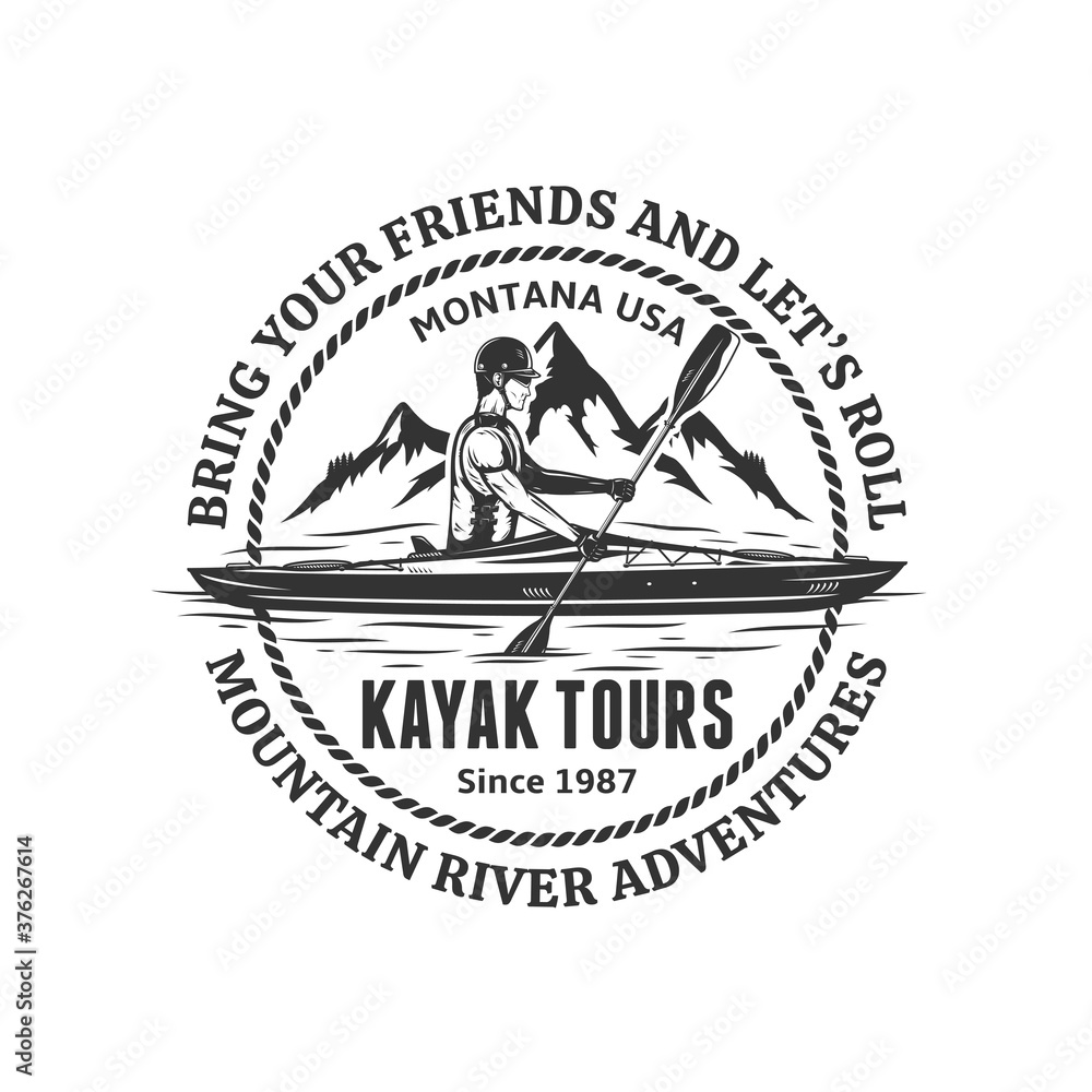 Vector mountain river kayak tours logo. Water sport and  kayaking badge design concept