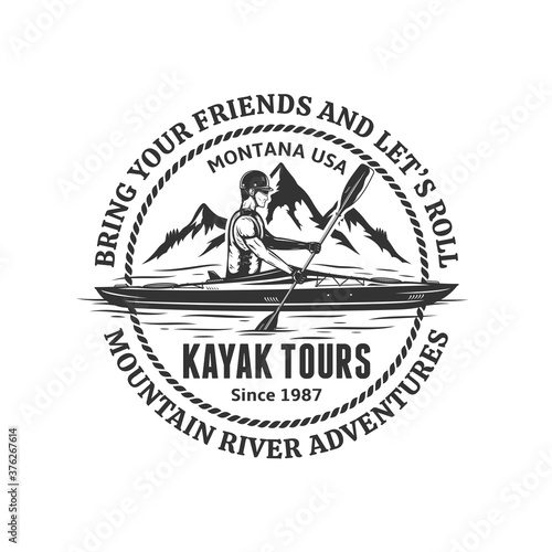Vector mountain river kayak tours logo. Water sport and  kayaking badge design concept