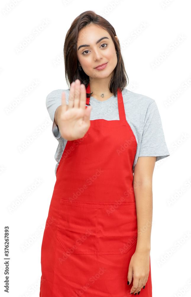 Waitress gesturing stop to customer or client Waitress gesturing stop to customer or client