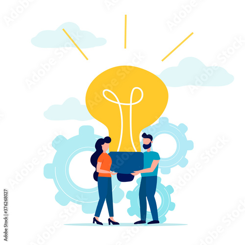 Man and woman holding a light bulb, a metaphor for the search for an idea. business concept for teamwork, finding new solutions, vector illustration