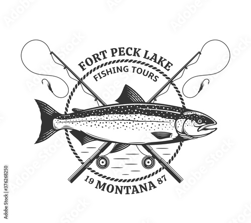 Vector fishing logo template with salmon fish, fishing rods, lines, and hooks. Fishing tournament, store, tour, and camp illustrations