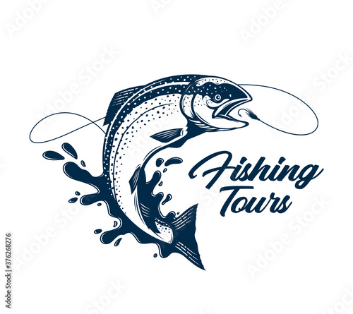 Vector fishing tours logo with salmon fish, fishing line, hook, and water splash. Fishing tournament, tour, and camp illustrations