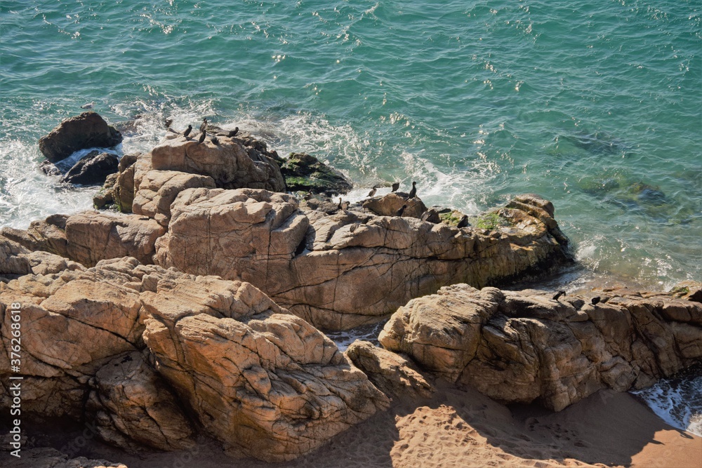 Birds on huge rocks, bordered by the Mediterranean Sea with transparent waters
