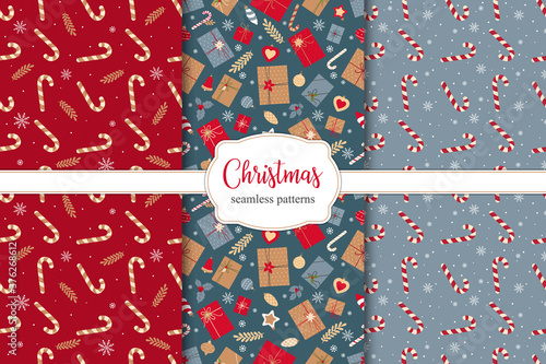 Set of festive christmass seamless patterns with Christmas gifts, candies and Christmas decorations