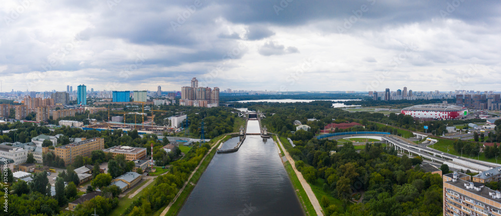 Floodgates on the Moscow canal in Moscow, Russia. Aerial view on Moscow canal.