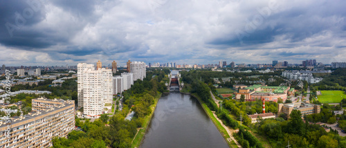 Floodgates on the Moscow canal in Moscow, Russia. Aerial view on Moscow canal. © miklyxa