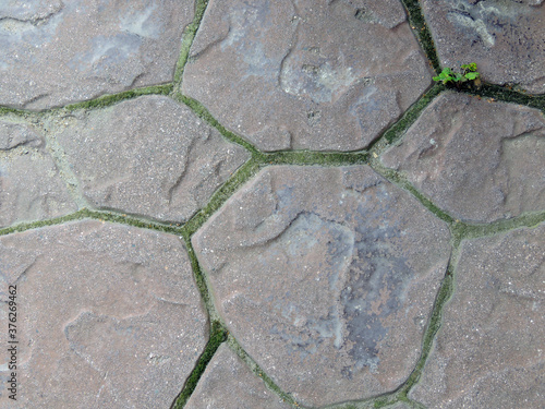 Vintage paving stones made of natural stone close-up. Sprouted plants in the joints of the paving stones of the sidewalk.