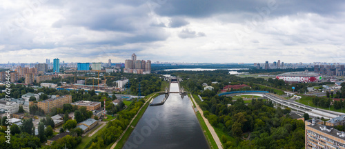 Floodgates on the Moscow canal in Moscow, Russia. Aerial view on Moscow canal.