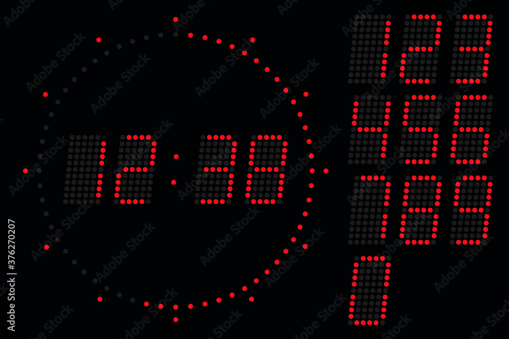 Digital 70 clock with red dots. Vector illustration on black background Digital 70 clock with red dots. Vector illustration on black background
