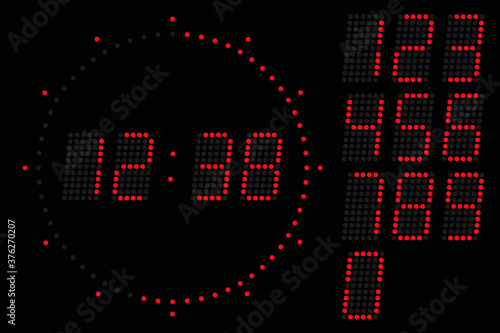 Digital 70 clock with red dots. Vector illustration on black background