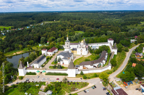 Aerial view on the Cathedral of the Nativity in Pafnutie monastery in Borovsk. Orthodox monastery on a summer day.