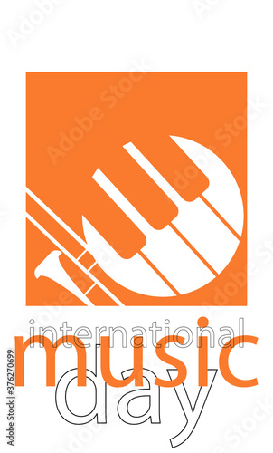 bright music-themed banner for the international day of music. An image of a pipe and several keys from a synthesizer in a circle in the trending colors of autumn. EPS10