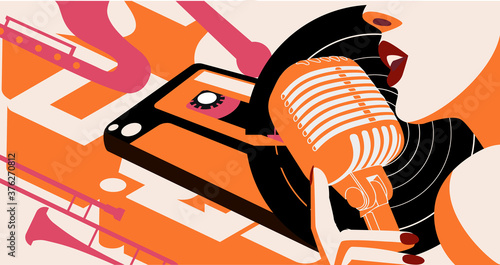 bright music-themed banner for the international day of music. Image of a beautiful girl singing into a microphone, musical instrument and a cassette in the trending colors of autumn. EPS10