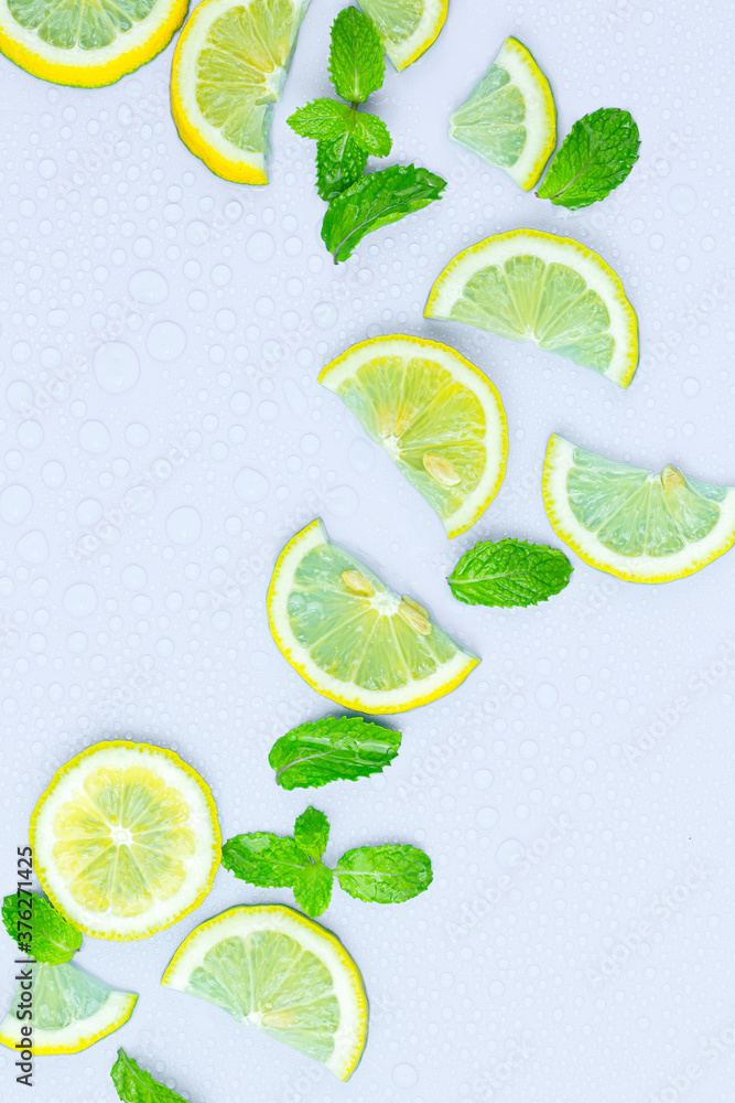 Top view of citrus slices and mint herbs frame on retro mint pastel background with copyspace. Minimal fruit concept design. Top view of citrus slices and mint herbs frame on retro mint pastel background with copyspace. Minimal fruit concept design.