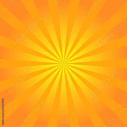 Sun rays background. Orange yellow radiate sun beam burst effect. Sunbeam light flash boom. Starburst poster. Sunlight star, sunrise glow burst. Solar radiance glare, retro design. Vector illustration