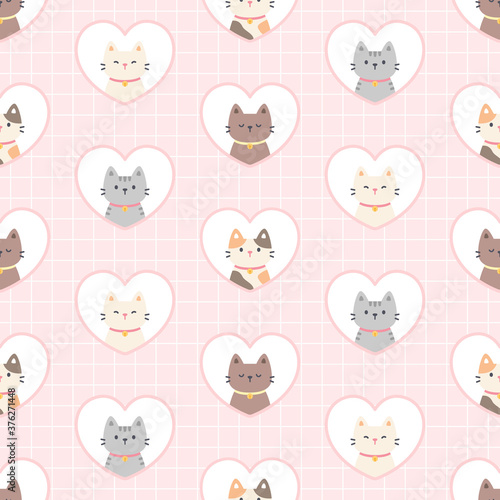 Cat in a heart frame seamless pattern background
