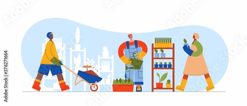 Banner with male and female characters caring home plants. People watering green, growing seedling, fertilizing soil for flowers. Flat cartoon vector illustration home garden tools