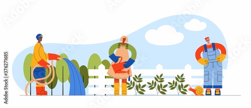 Banner with male and female characters gardener and farmer working. People watering garden with hose and can, snail eating the plant. Flat cartoon vector illustration organic farm and tools
