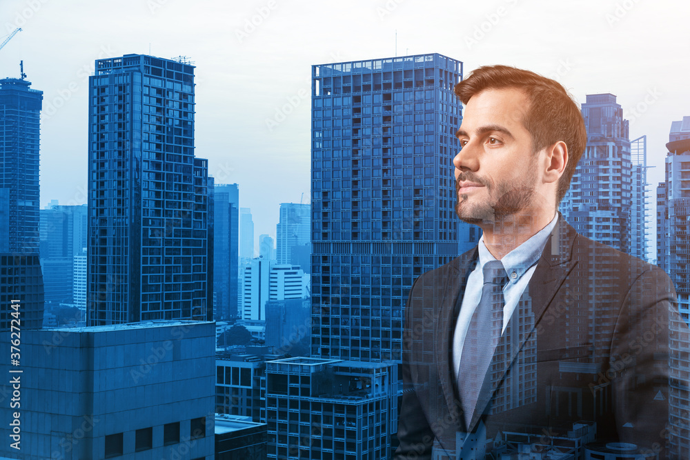 Young handsome businessman in suit thinking how to succeed, new career opportunities, MBA. Bangkok on background. Double exposure. Young handsome businessman in suit thinking how to succeed, new career opportunities, MBA. Bangkok on background. Double exposure.