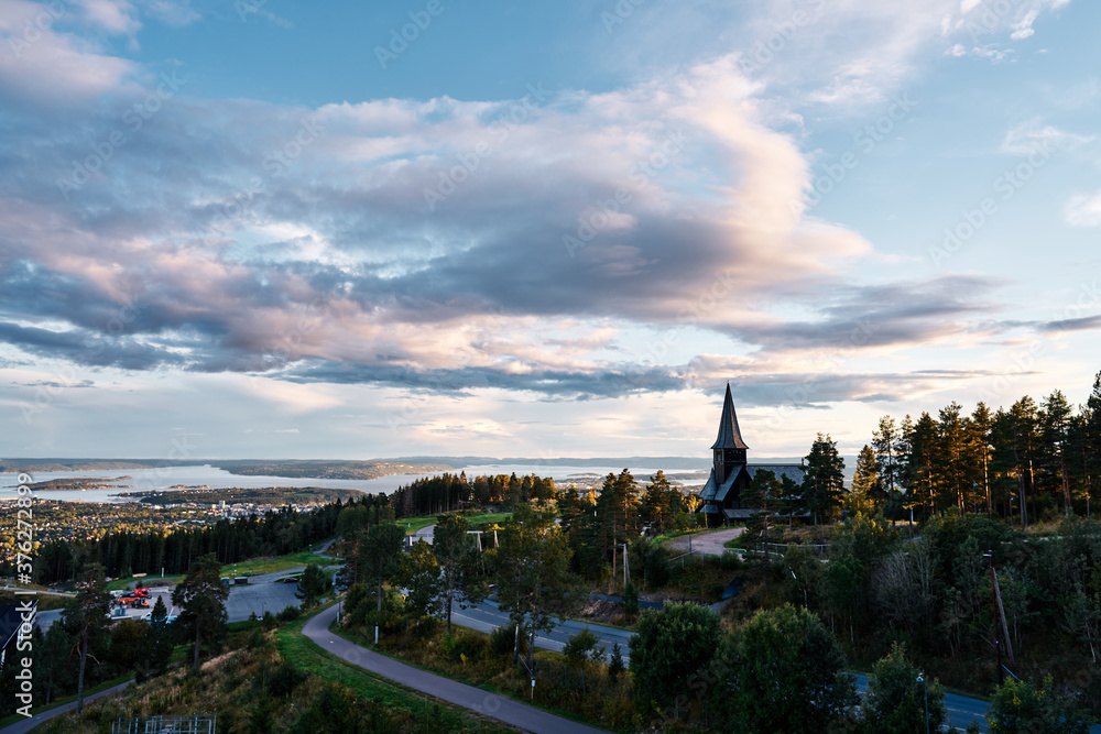 View over Oslo, Norway, Shot from Holmenkollen with a fantastic view. Sunset and golden hour