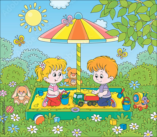 Small children playing in a sandbox on a playground in a park on a sunny summer day, vector cartoon illustration