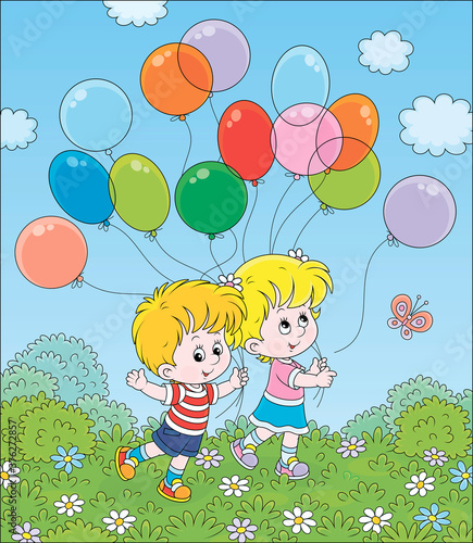 Children walking with colorful balloons in a park on a sunny summer day, vector cartoon illustration