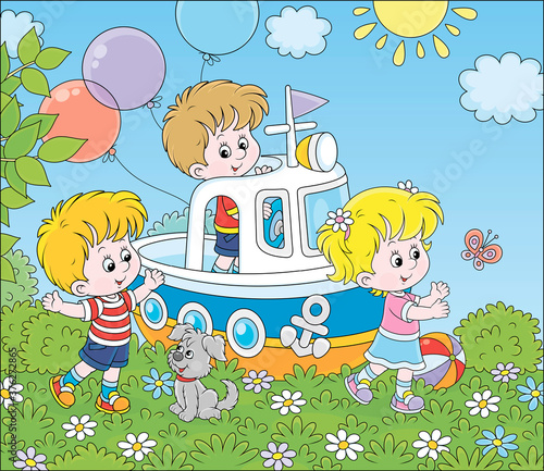 Little children and their puppy playing on a toy ship on a playground in a summer park, vector cartoon illustration