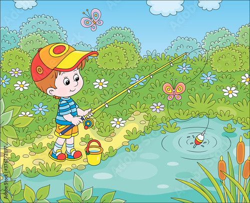 Little boy fisherman with a fishing-rod catching fish in a small pond on a sunny summer day, vector cartoon illustration