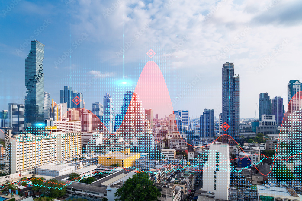 Fototapeta premium Forex and stock market chart hologram over panorama city view of Bangkok, the financial center in Asia. The concept of international trading. Double exposure.