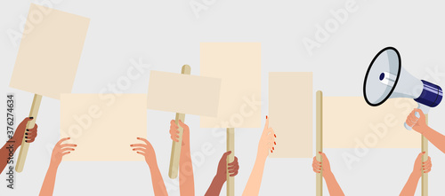 People holding signs, banner and placards on a protest demostration or picket. Crowd of people protesters. Election campaigning vector concept. photo