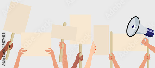People holding signs, banner and placards on a protest demostration or picket. Crowd of people protesters. Election campaigning vector concept.