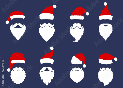 Santa Klaus fashion silhouette flat style. Christmas elements for greeting design. New Year. Santa hats, mustache and beards.