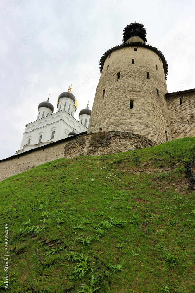 view of the domes of the Trinity Cathedral inside the Pskov Kremlin (Krom) walls