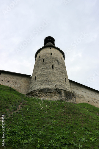 The middle tower with wooden roof of Pskov kremlin (krom) medieval fortress, famous landmark of Russia