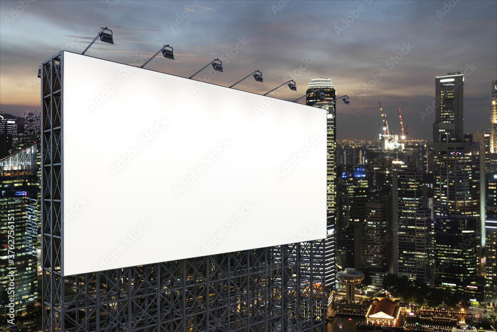 Blank white road billboard with Singapore cityscape background at night time. Street advertising poster, mock up, 3D rendering. Side view. The concept of marketing communication to sell idea. Blank white road billboard with Singapore cityscape background at night time. Street advertising poster, mock up, 3D rendering. Side view. The concept of marketing communication to sell idea.