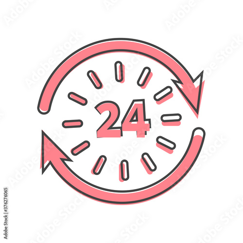 Vector hour icon. Support 24 hours a day. Round the clock cartoon style on white isolated background.