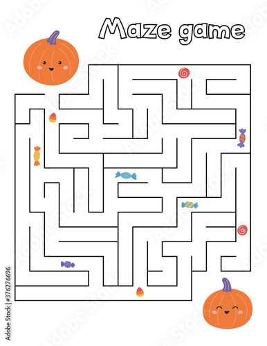 Help the pumpkin collect all sweets. Halloween maze game for children. Funny kawaii cartoon characters.
