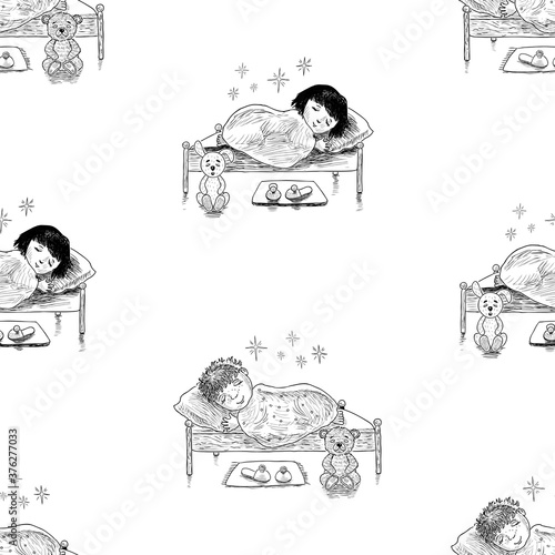 Seamless background of sketches of little kids sleeping in their beds