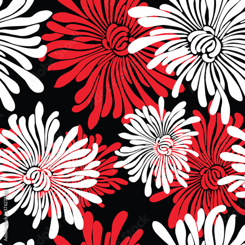 Seamless pattern of decorative red and white chrysanthemums