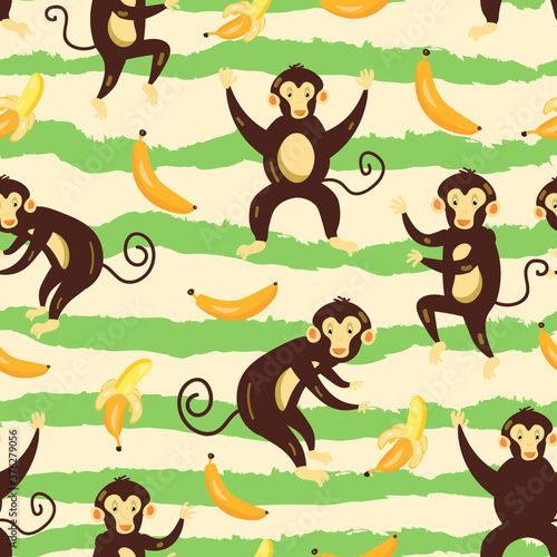 Fototapeta Naklejka Na Ścianę i Meble -  cute characters monkey food vector seamless pattern on white background. Concept for wallpapers, wrapping paper cards 