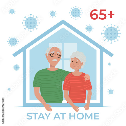 Elderly couple staying at home in self quarantine, protection from virus. Stay home during the coronavirus epidemic. Coronavirus outbreak concept. Vector illustration in flat style