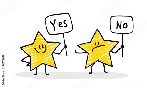 Doodle stick figures: Funny stars holding Yes No banner.