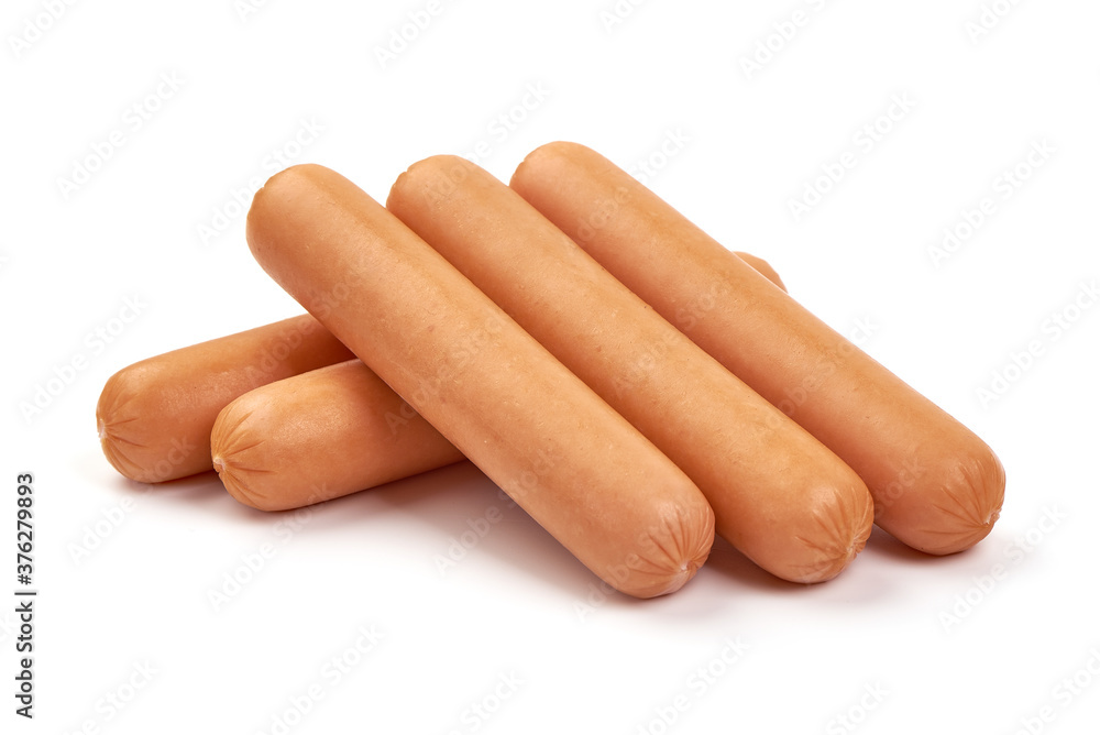 Fresh pork Boiled sausages, isolated on white background Fresh pork Boiled sausages, isolated on white background