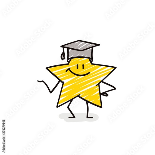 Doodle stick figures: Funny star with graduation cap.